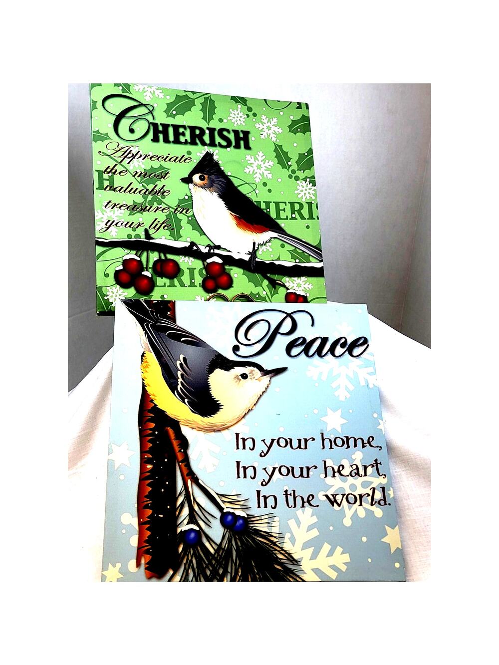 2 Winter Scenes With Birds Snow Berries Peace Cherish Home Heart Pine Branches
